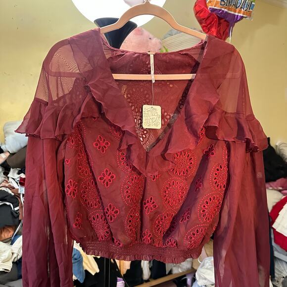 NWT Free people Life's A Party Blouse Wine‎ Red Burgundy Size XS Lace Sheer - Picture 8 of 13